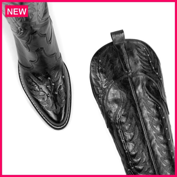 Women's Embroidered Over the Knee Cowboy Boots Chunky Heel Pointed Toe - Picture 3 of 7